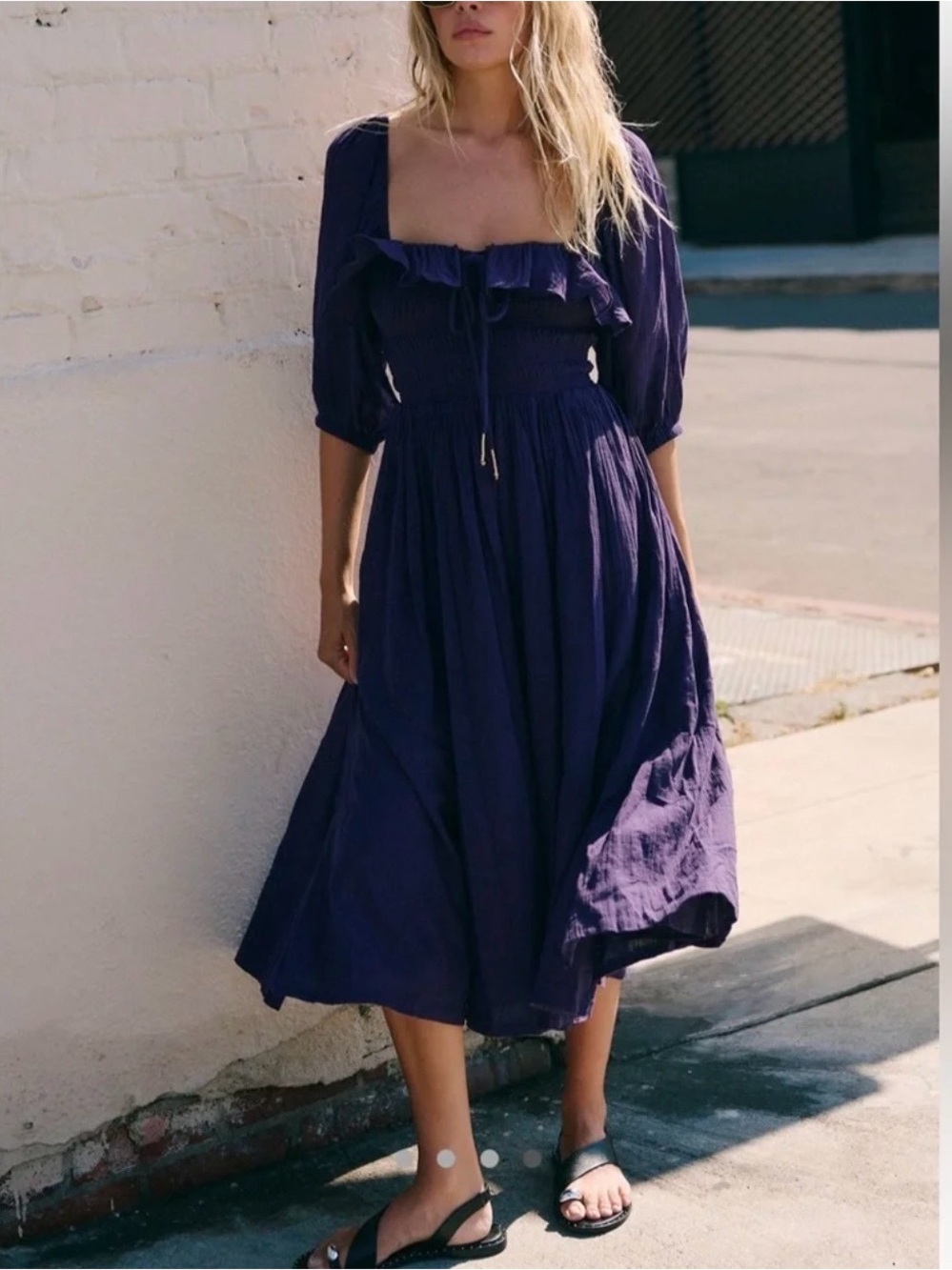 Free People Navy Square-Neck Midi Dress with Ruffle Tie